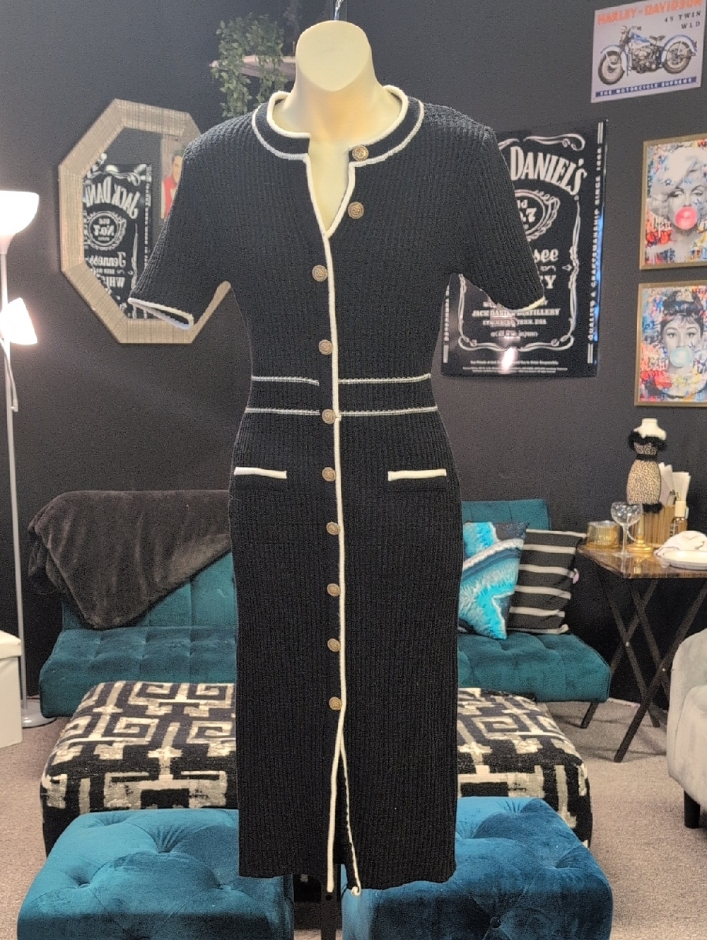 Black Midi Knit Dress with Cream Contrast Trim and Buttons